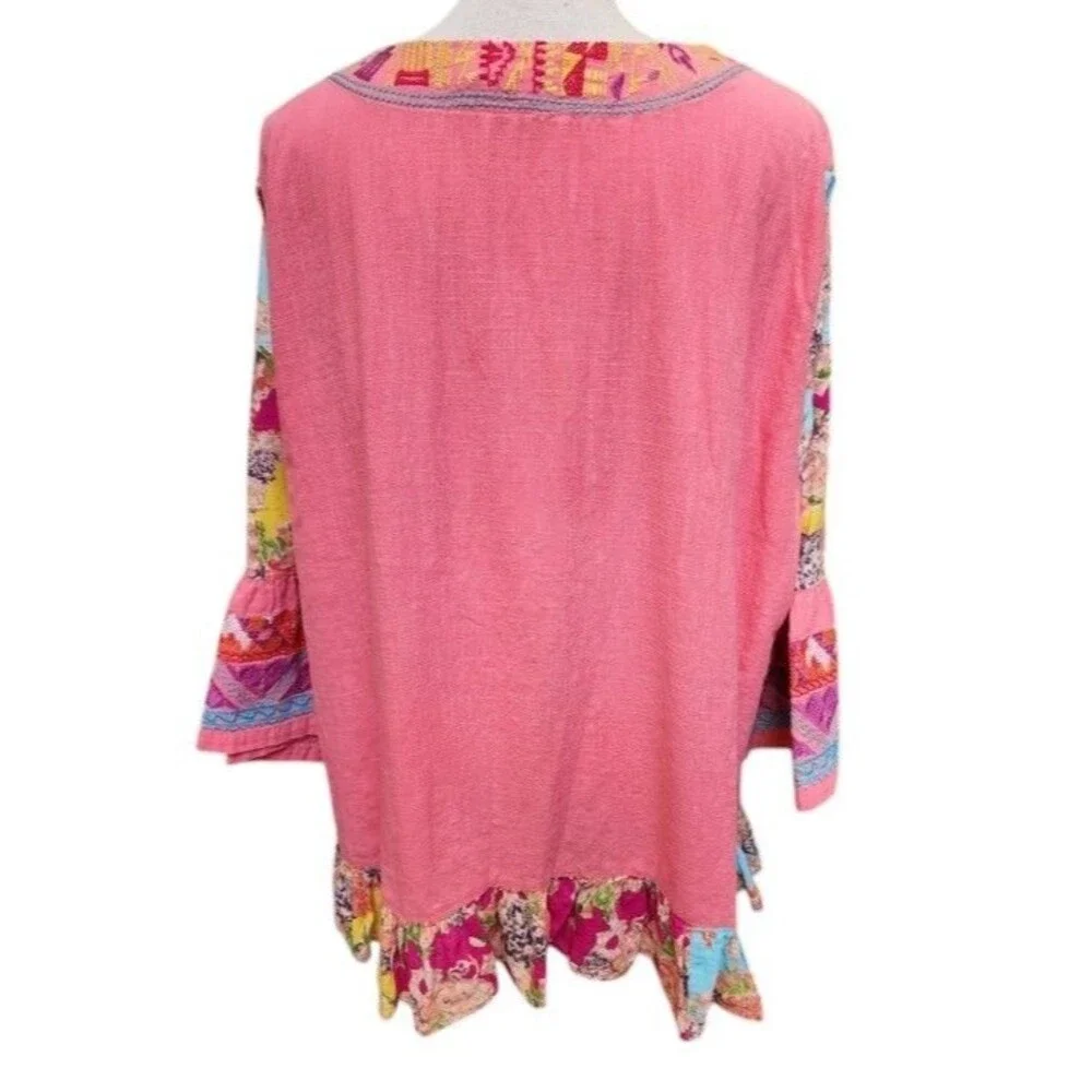 Calessa Embroidered Boho Colorful Top Size 2X Cotton Flowy